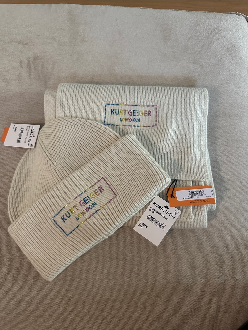 Kurt Geiger Cream Beanie and Scarf Set with Multicolor Logo